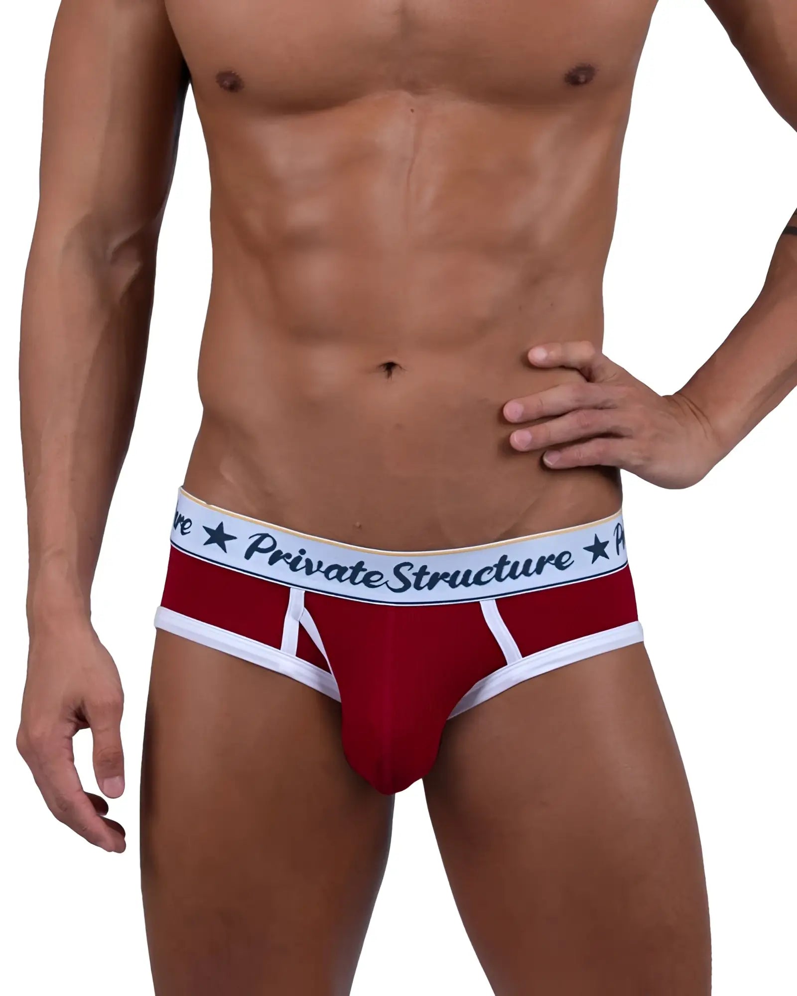 Red and white private structure classic mid waist mini briefs with ribbed texture and navy blue logo waistband