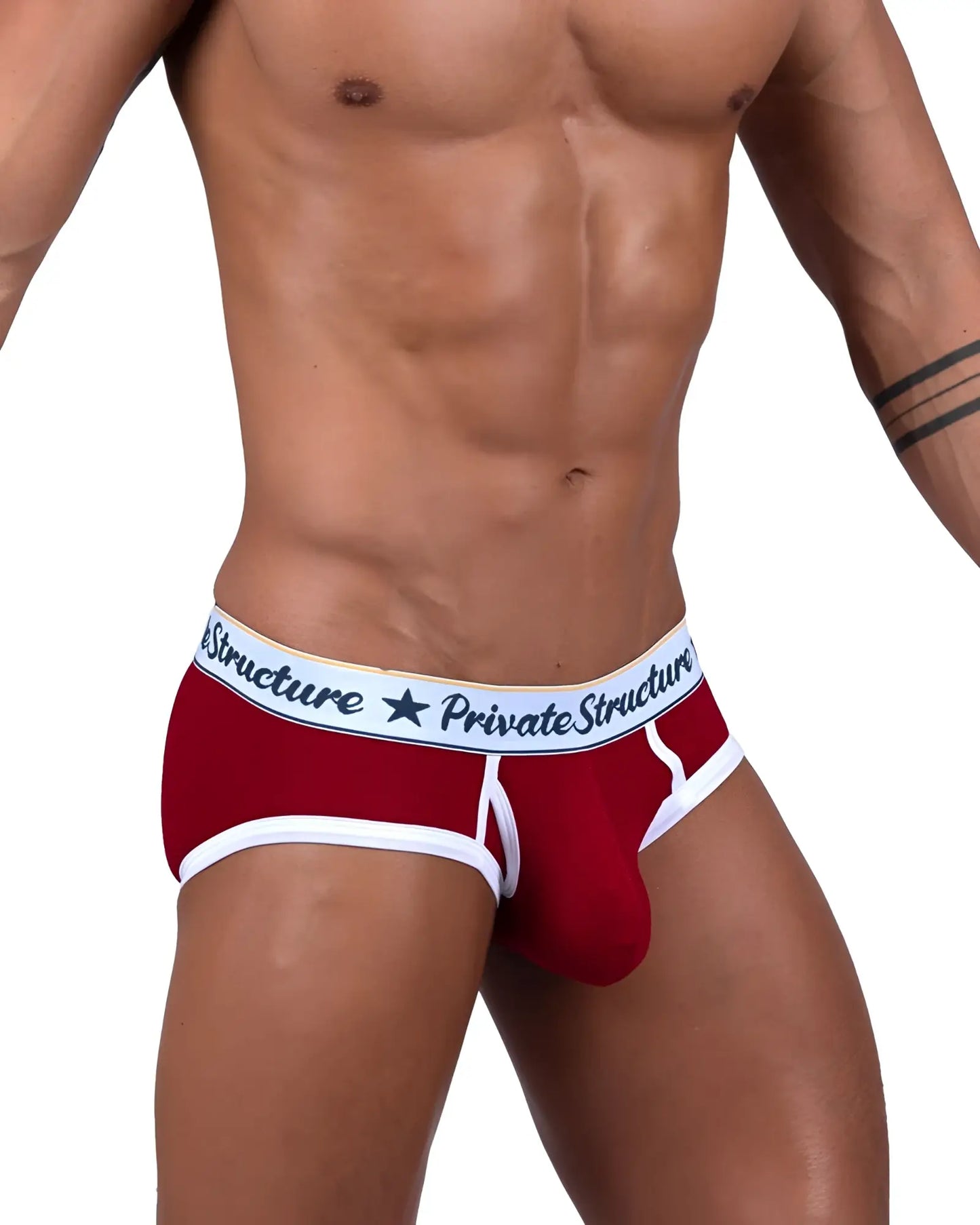 Red and white men’s classic mid waist mini briefs with branded waistband from private structure in red color