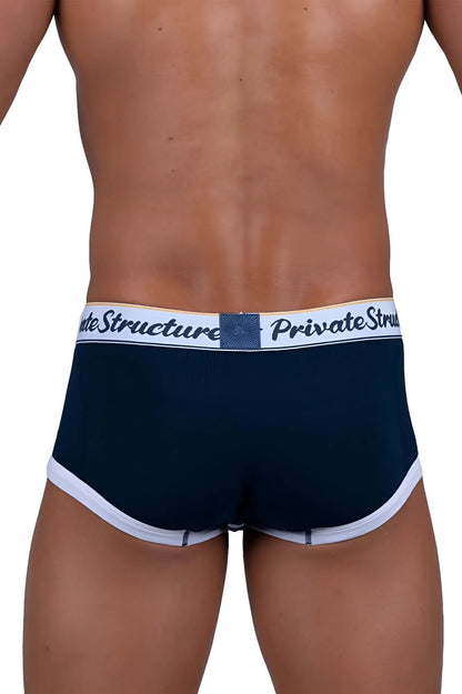 Navy blue private structure classic mid waist trunks with white trim and branded waistband for men