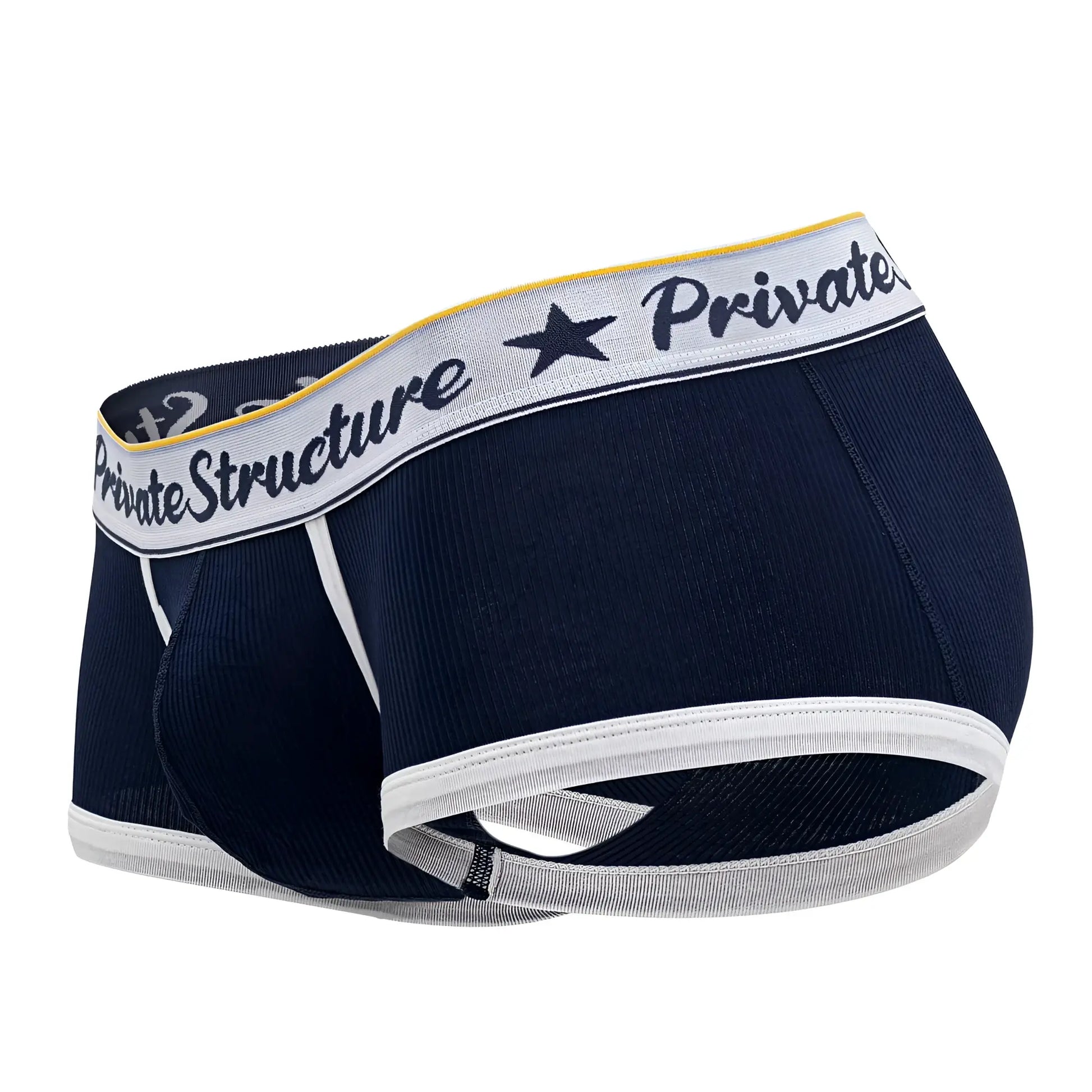 Navy blue men’s briefs with white and yellow trim and private structure branding on a gray waistband