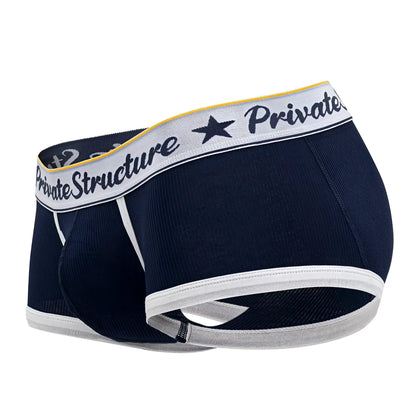 Navy blue men’s briefs with white and yellow trim and private structure branding on a gray waistband