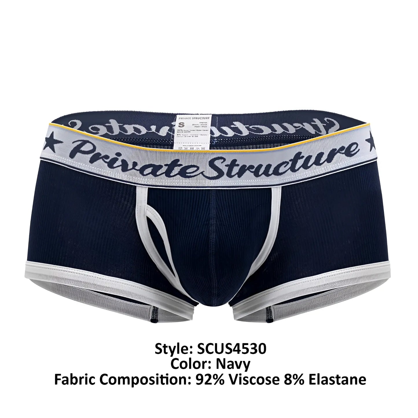 Navy blue private structure classic mid waist trunks with white gray elastic waistband and yellow trim detailing