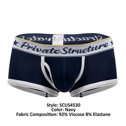 Navy blue private structure classic mid waist trunks with white gray elastic waistband and yellow trim detailing