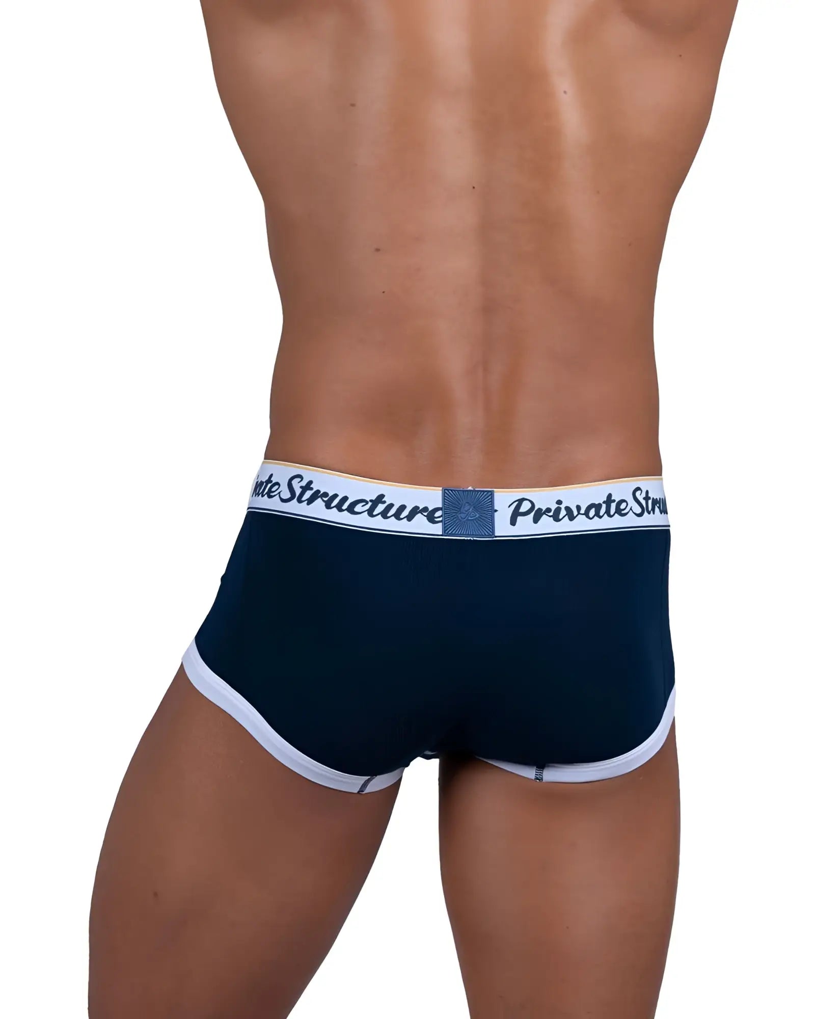 Navy blue men’s briefs with white trim and branded waistband private structure scus4530 classic mid waist trunks