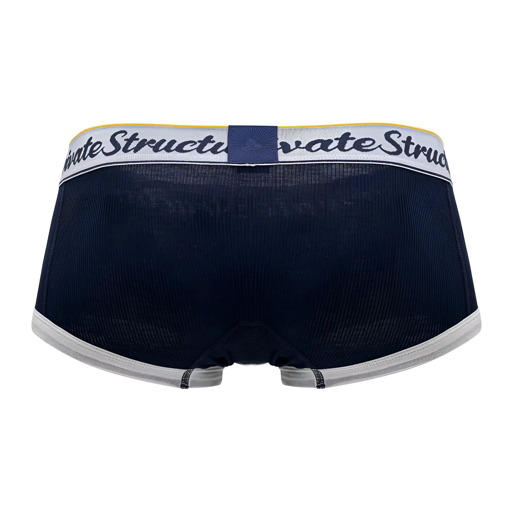 Navy blue textured mid waist trunks with white elastic waistband featuring structurate logo and dark blue square emblem