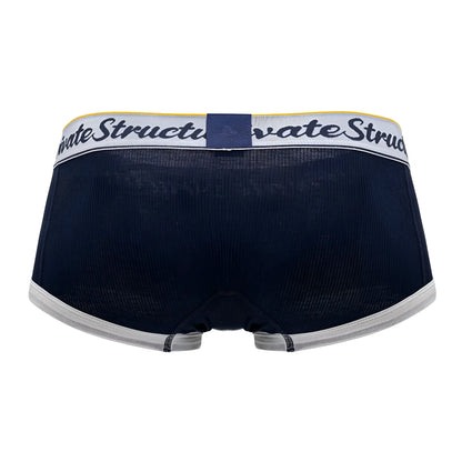 Navy blue textured mid waist trunks with white elastic waistband featuring structurate logo and dark blue square emblem