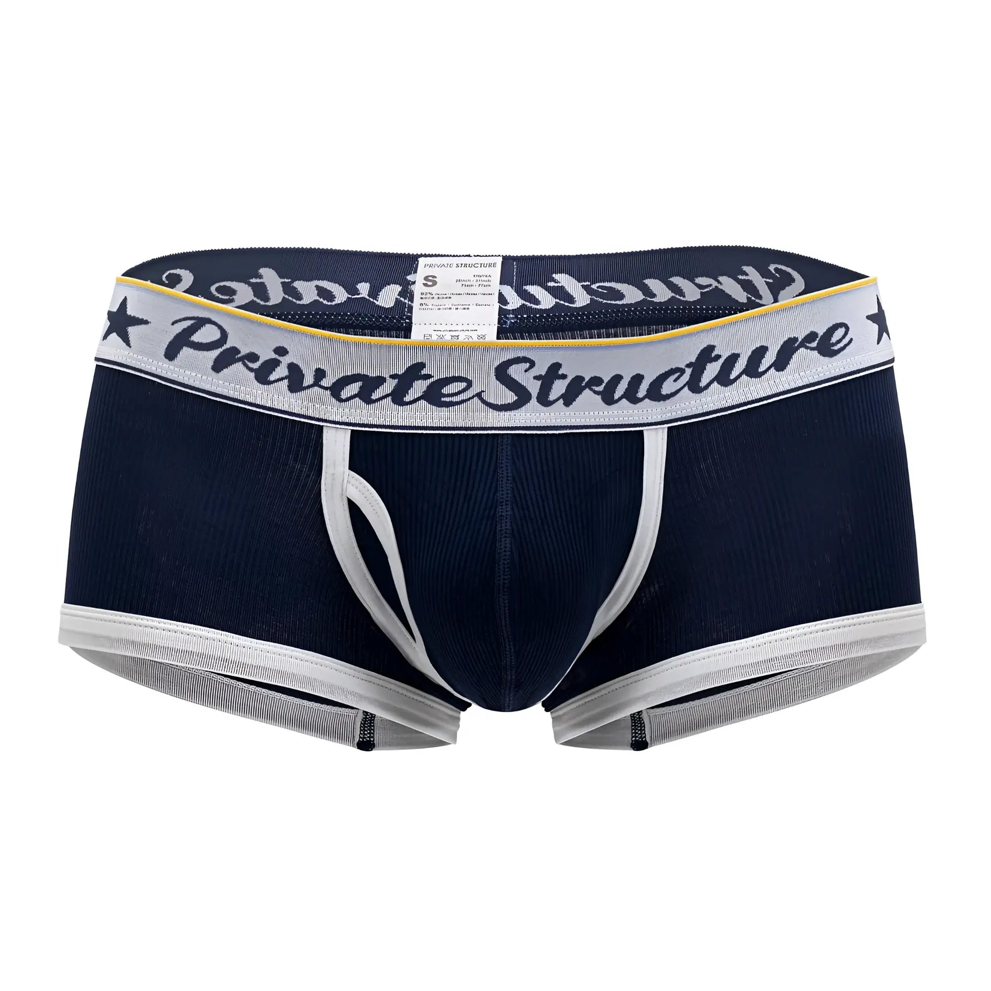 Navy blue and white striped men’s mid waist briefs with private structure logo on waistband in classic trunk style