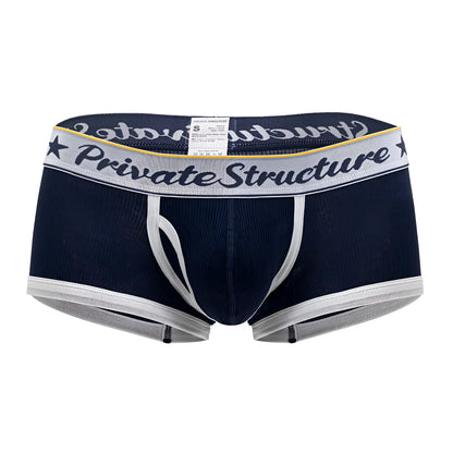 Navy blue and white striped men’s mid waist briefs with private structure logo on waistband in classic trunk style