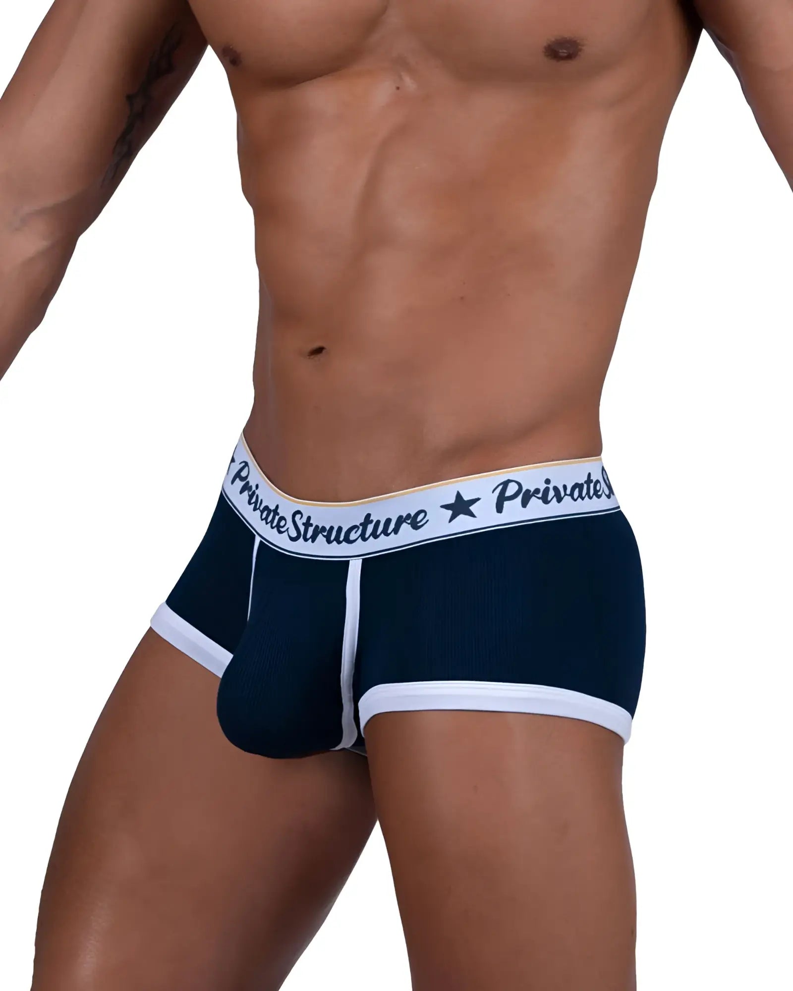 Navy blue and white men’s briefs with branded elastic waistband from Private Structure classic mid waist trunks style