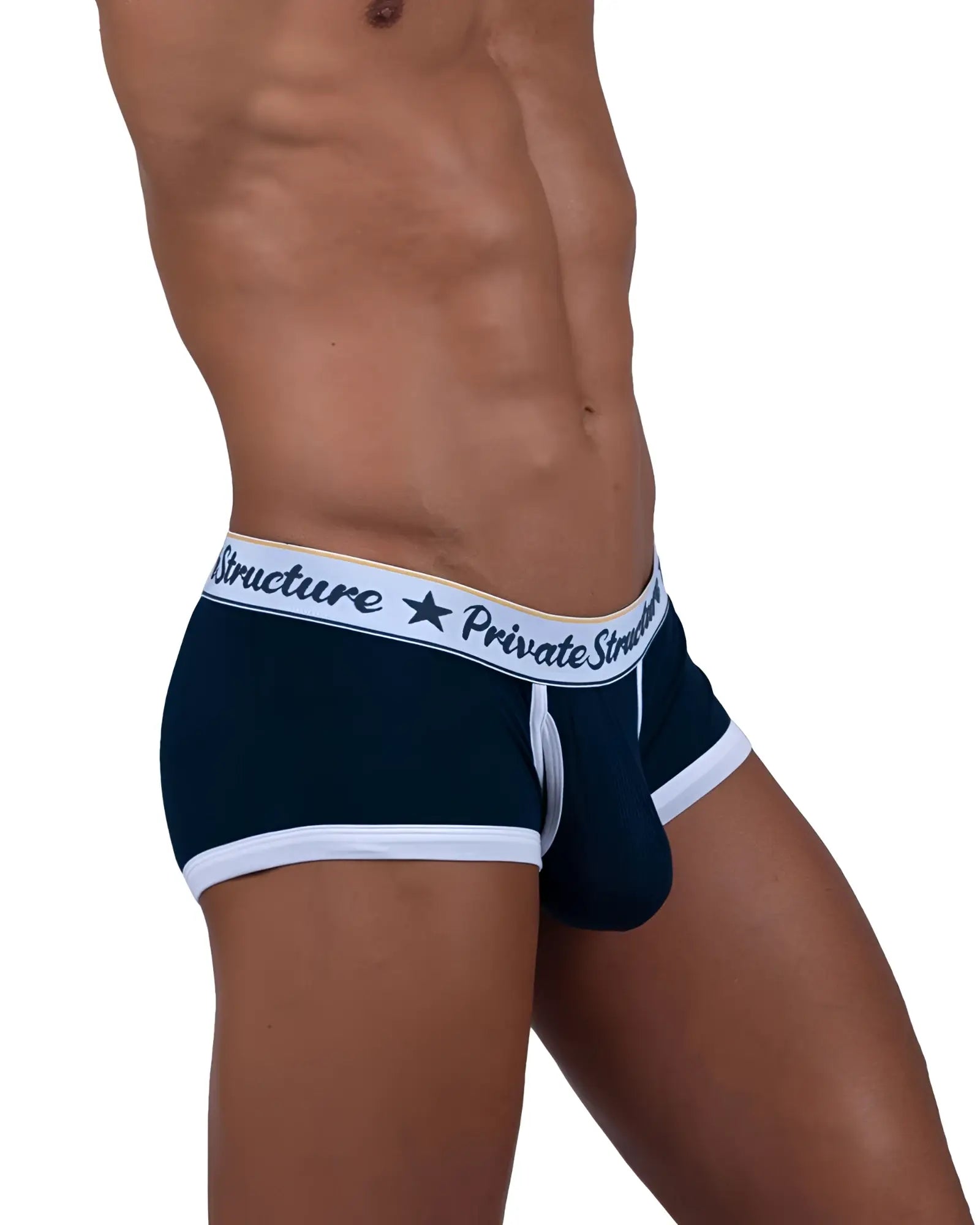 Navy blue and white men’s mid waist trunks with private structure branding on the waistband in classic style