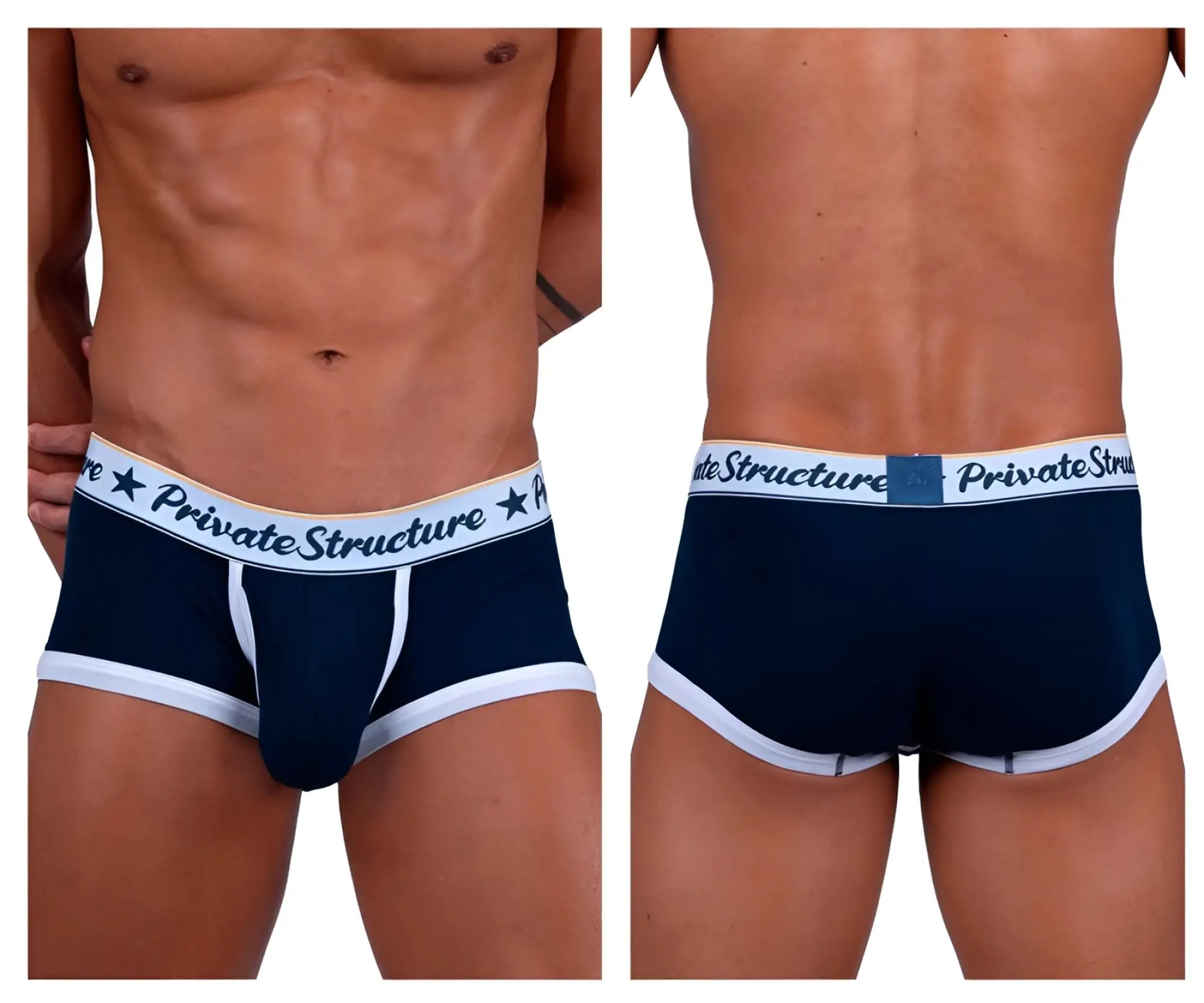 Men’s navy blue and white mid waist briefs with private structure branding on waistband classic trunks design