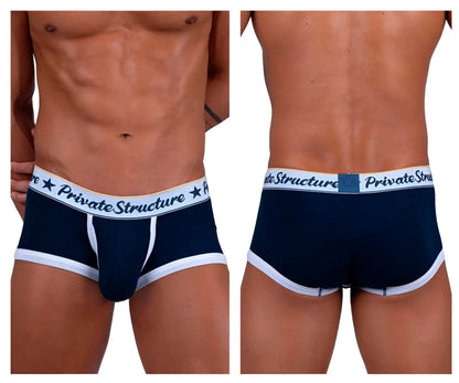 Men’s navy blue and white mid waist briefs with private structure branding on waistband classic trunks design
