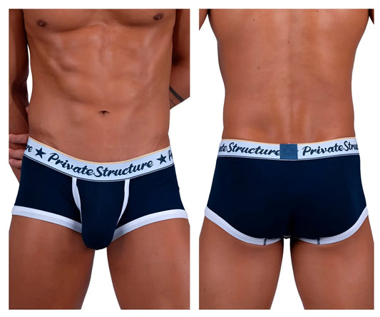 Men’s navy blue and white mid waist briefs with private structure branding on waistband classic trunks design
