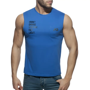 Blue sleeveless tank top with black text reading i didnt choose to be gay from proud 2 be gay t shirt collection