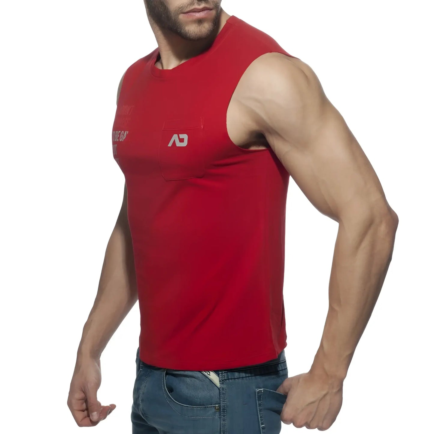 Red sleeveless athletic tank top with a small white logo on the chest from proud 2 be gay t-shirt collection