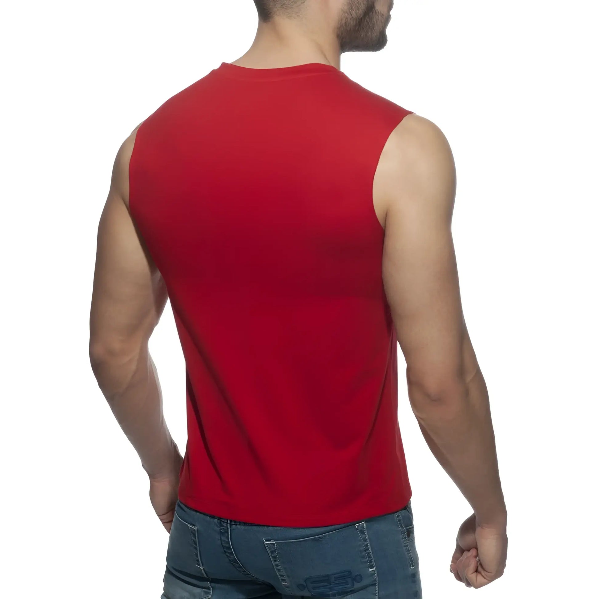 A vibrant red sleeveless cotton tank top with a simple round neckline from the proud 2 be gay t-shirt collection