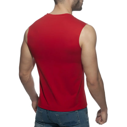 A vibrant red sleeveless cotton tank top with a simple round neckline from the proud 2 be gay t-shirt collection
