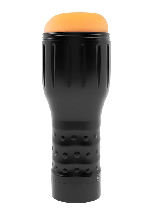 Black plastic prowler red manhole stroker with an orange silicone tip and textured grip sections for adult use