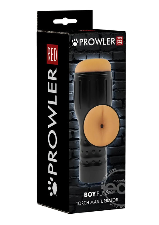 Black and tan silicone prowler red manhole stroker with textured grip for enhanced control and comfort
