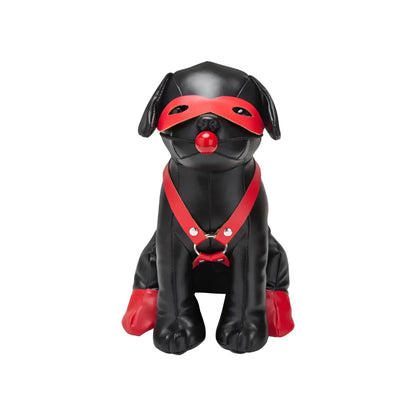Black leather pug figurine with red mask harness and paw pads from prowler red puppy booted up bandit collection