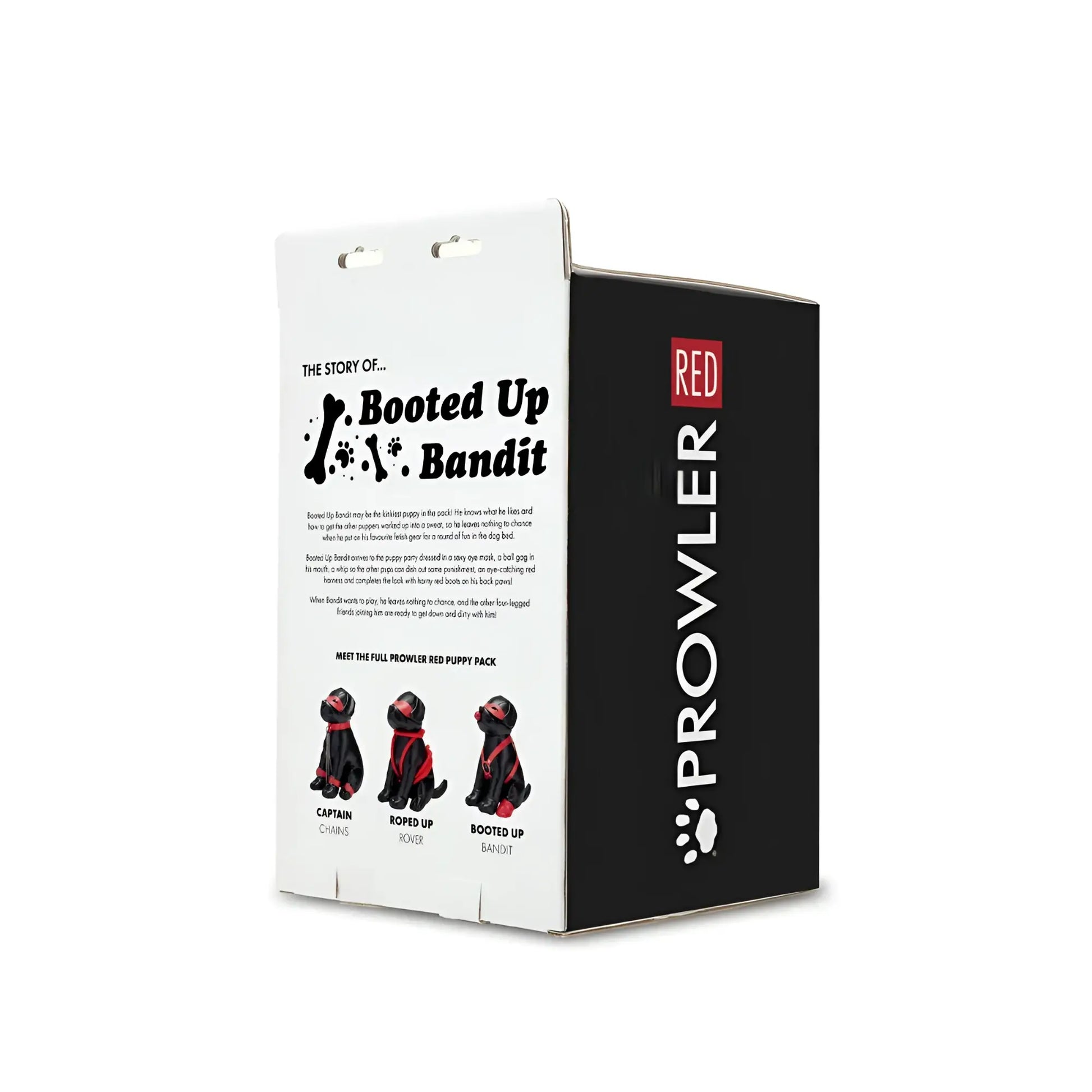 Black and red prowler red puppy booted up bandit box with three illustrated pup characters on the front