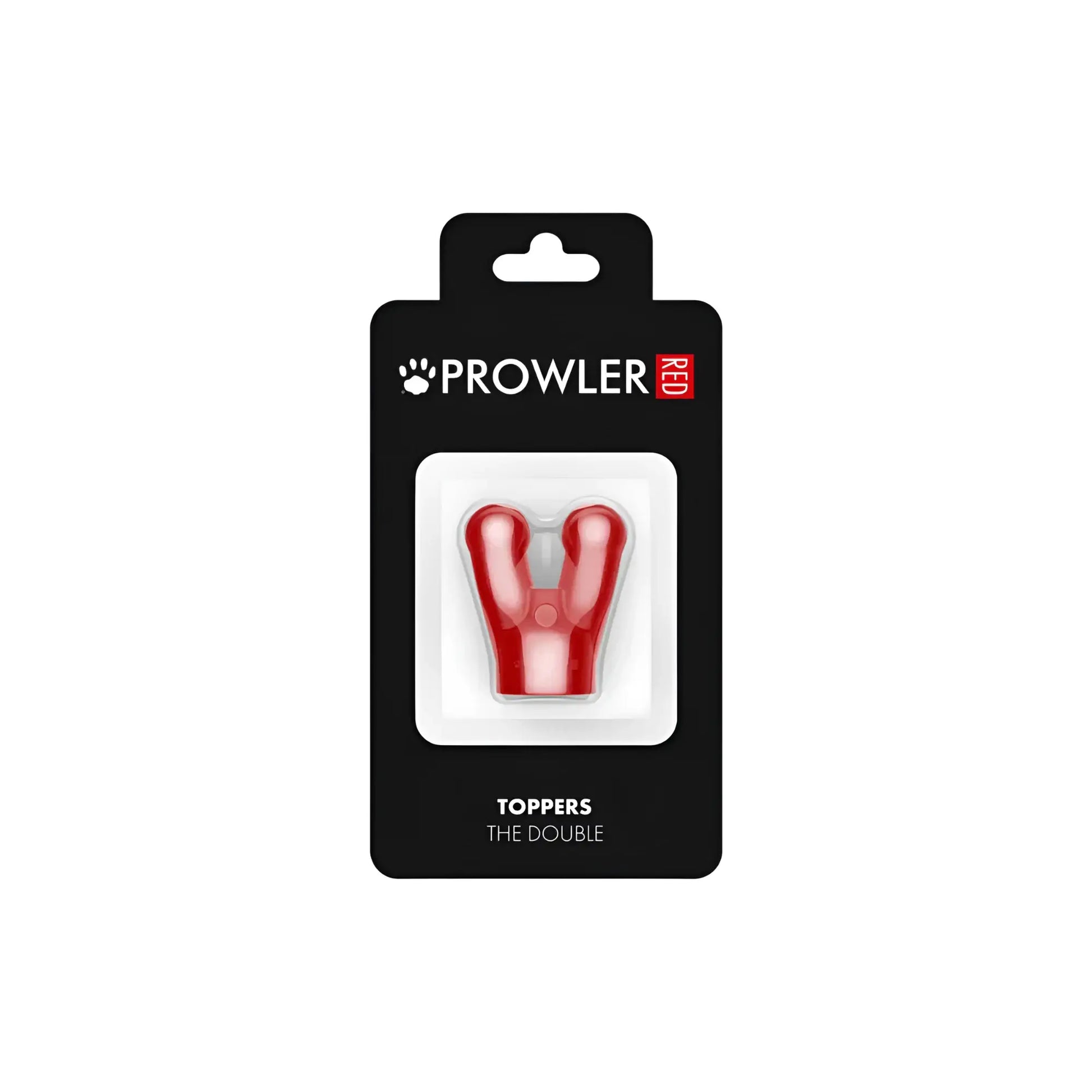 Red plastic y-shaped dog toy made from durable material by prowler red toppers the double cap for chewing and play