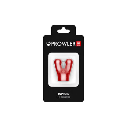 Red plastic y-shaped dog toy made from durable material by prowler red toppers the double cap for chewing and play