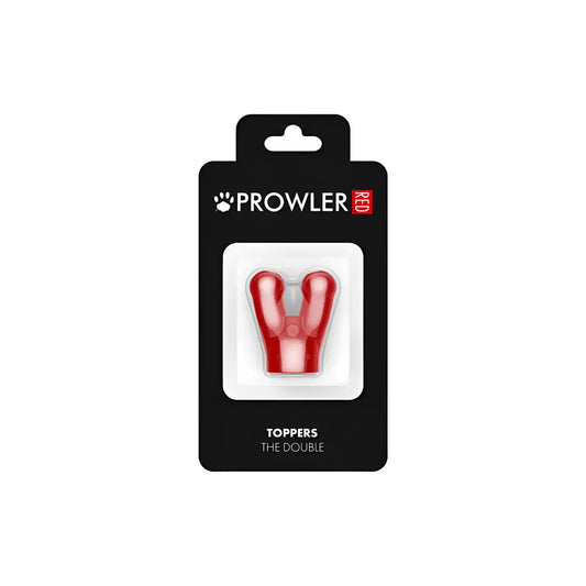 Red plastic y-shaped dog toy made from durable material by prowler red toppers the double cap for chewing and play