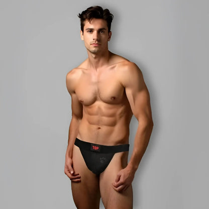 Black athletic briefs with red top logo on waistband designed for prowler switch jockstrap performance wear