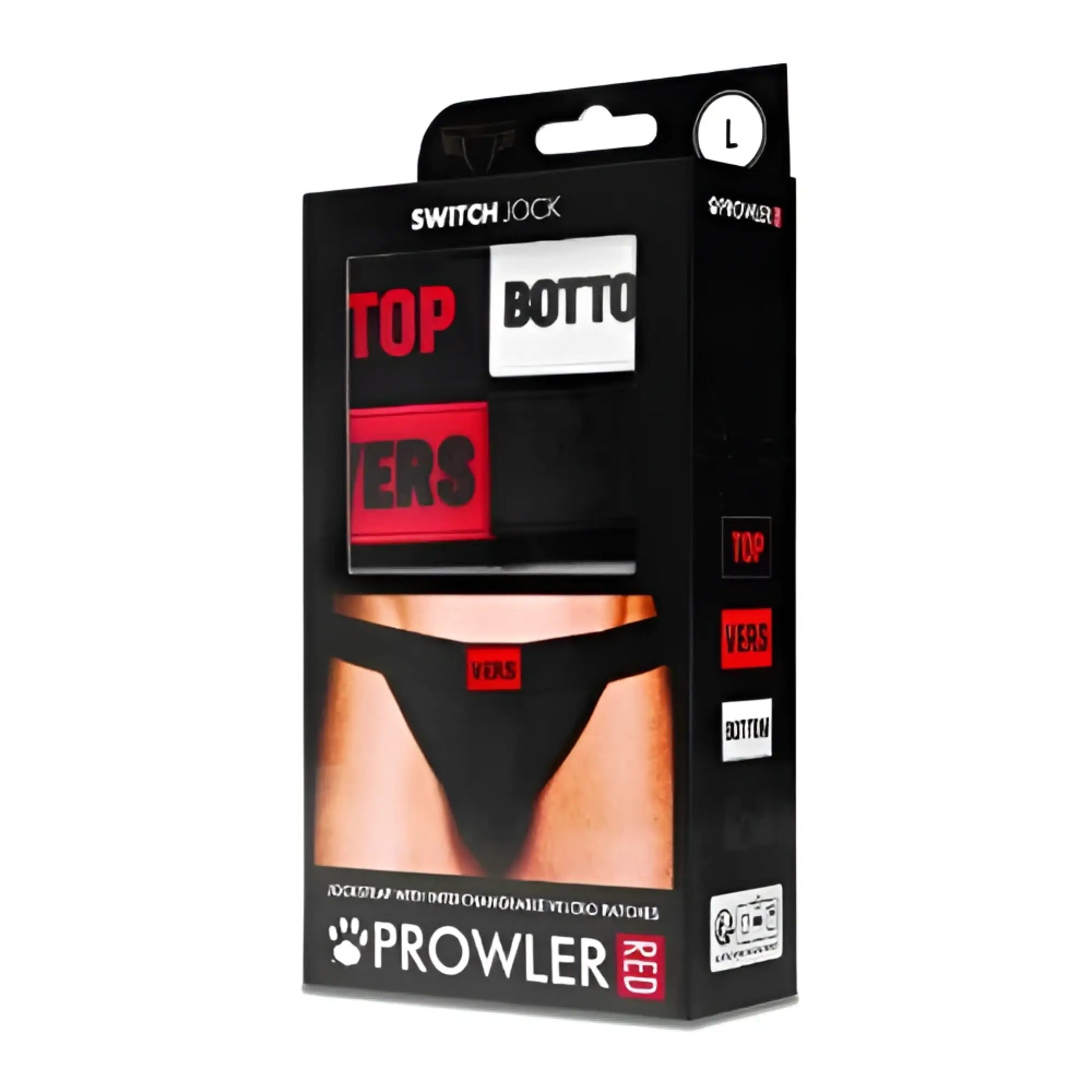 Black packaging for prowler switch jockstrap adjustable briefs set with red switch lock and white text labels