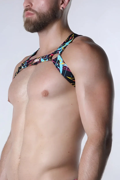 Pulse elastic harness vibrant neon lightning bolt patterned black halter top with bold colorful abstract design