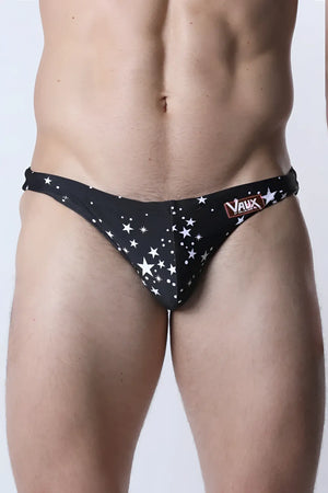 Pulse swim brief black star patterned men’s swim trunks with vaux label on waistband for swimming and beachwear
