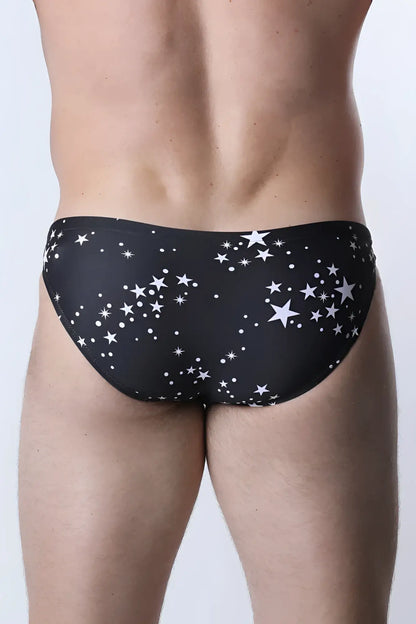Pulse swim brief black swim trunks with white stars and dots pattern designed for swimming and beachwear