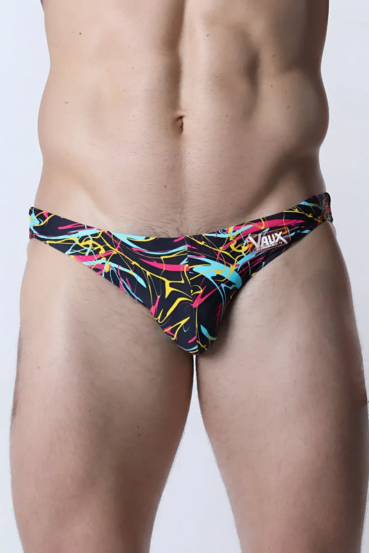 Black pulse swim brief with vibrant neon pink yellow and cyan abstract line patterns for swimming and beachwear