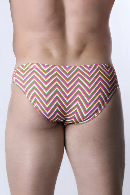 Pulse swim brief vibrant zigzag-patterned swim trunks in pink green and cream perfect for beachwear