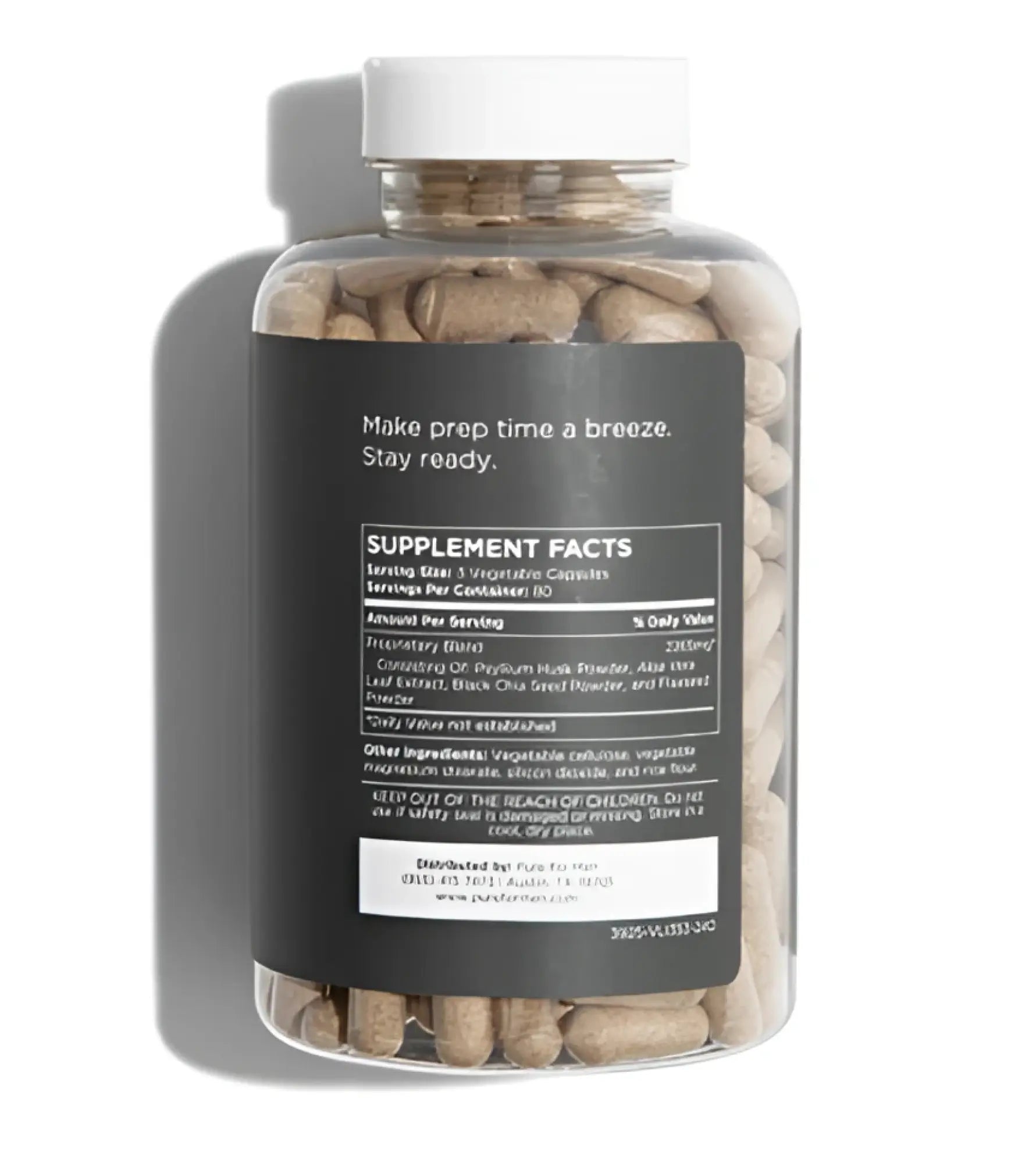 Clear plastic bottle with white cap and black label containing light brown capsules for pure for men supplement