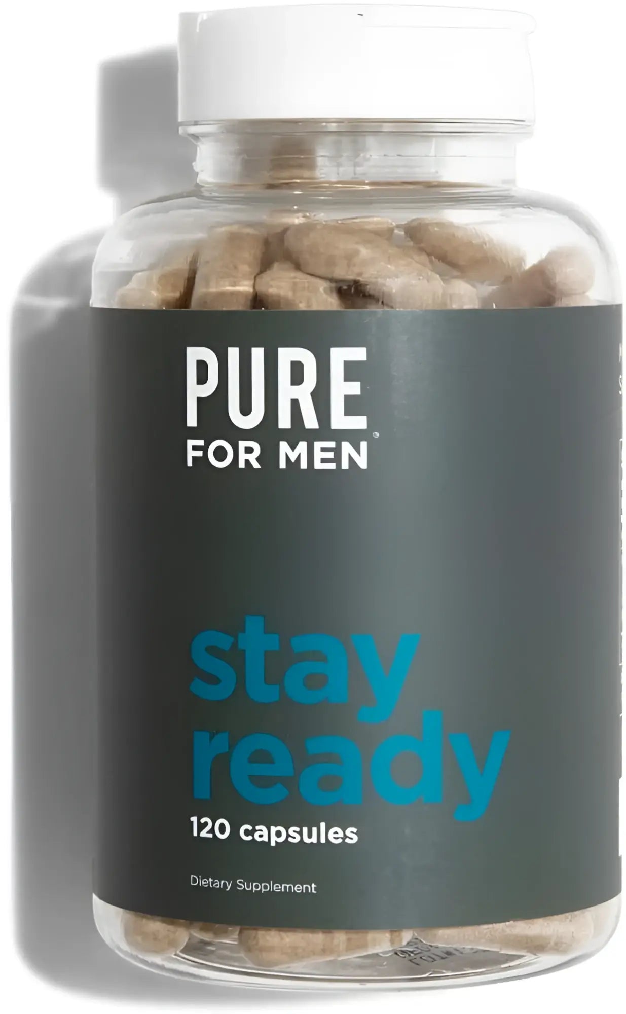 A clear plastic bottle with white cap labeled pure for men stay ready 120 capsules containing beige supplement capsules