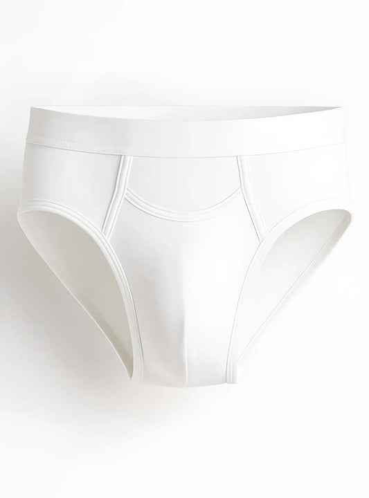 White purecomfort cotton brief with smooth seamless design and subtle stitching details visible from the back side