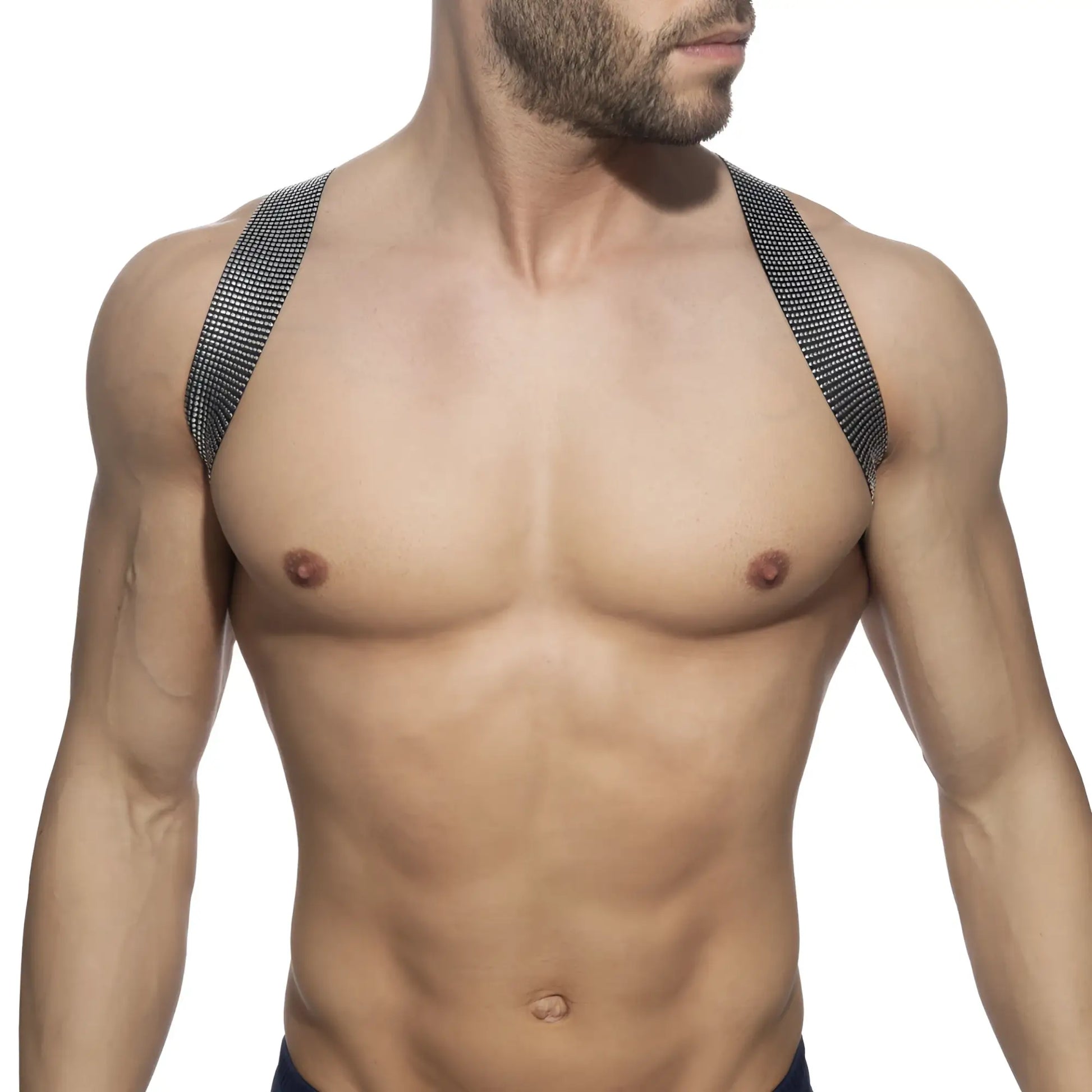 Black mesh shoulder straps with subtle grid pattern on the pushpin spider harness back side
