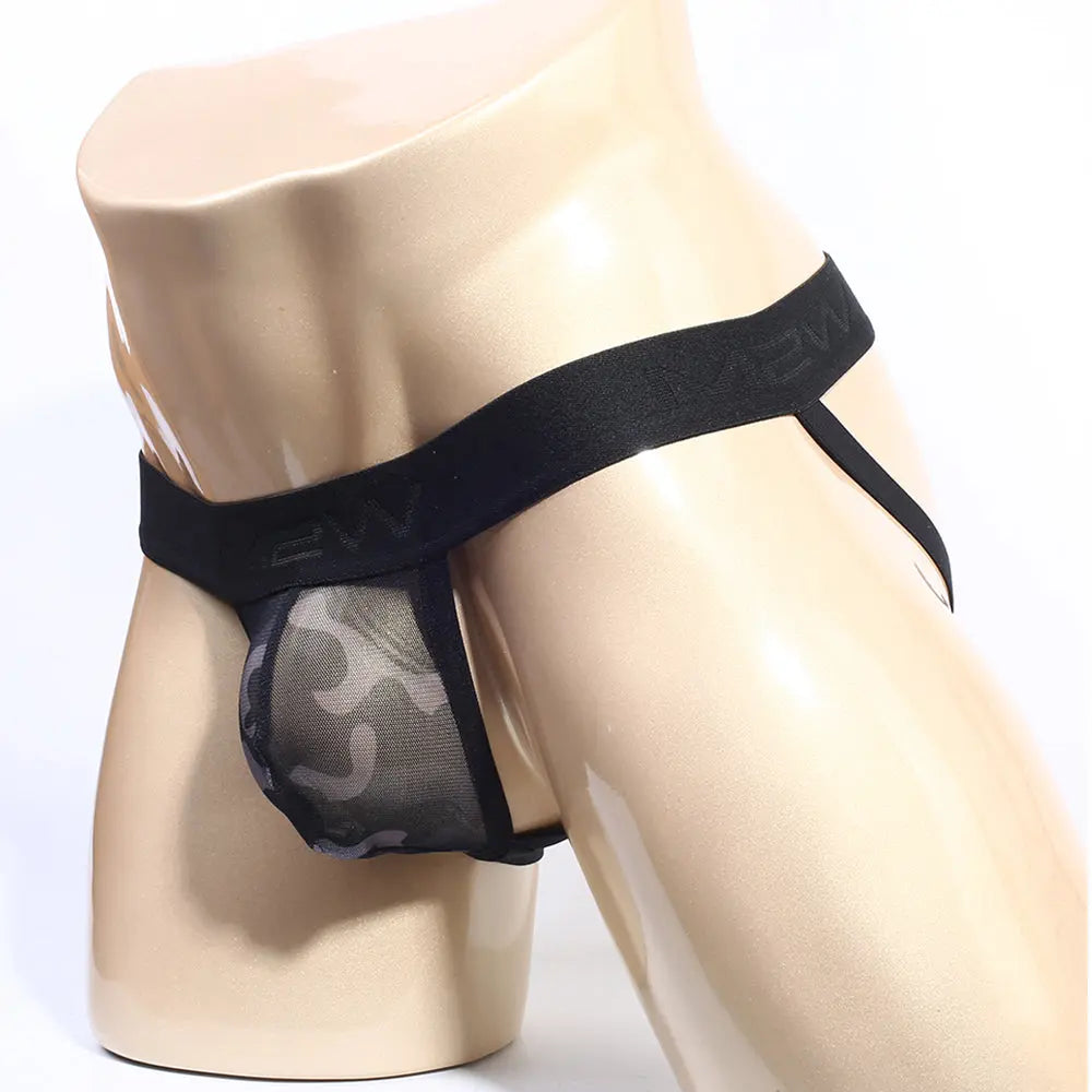 Men's jock strap in camouflage mesh with a black waistband displayed on a mannequin by MetroMaleWear M2W