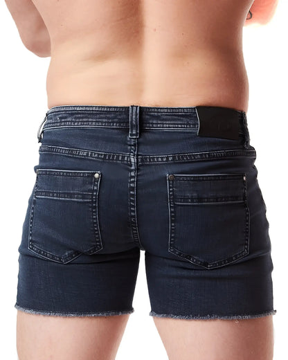Back view of dark blue denim quad short with frayed hem and functional back pockets