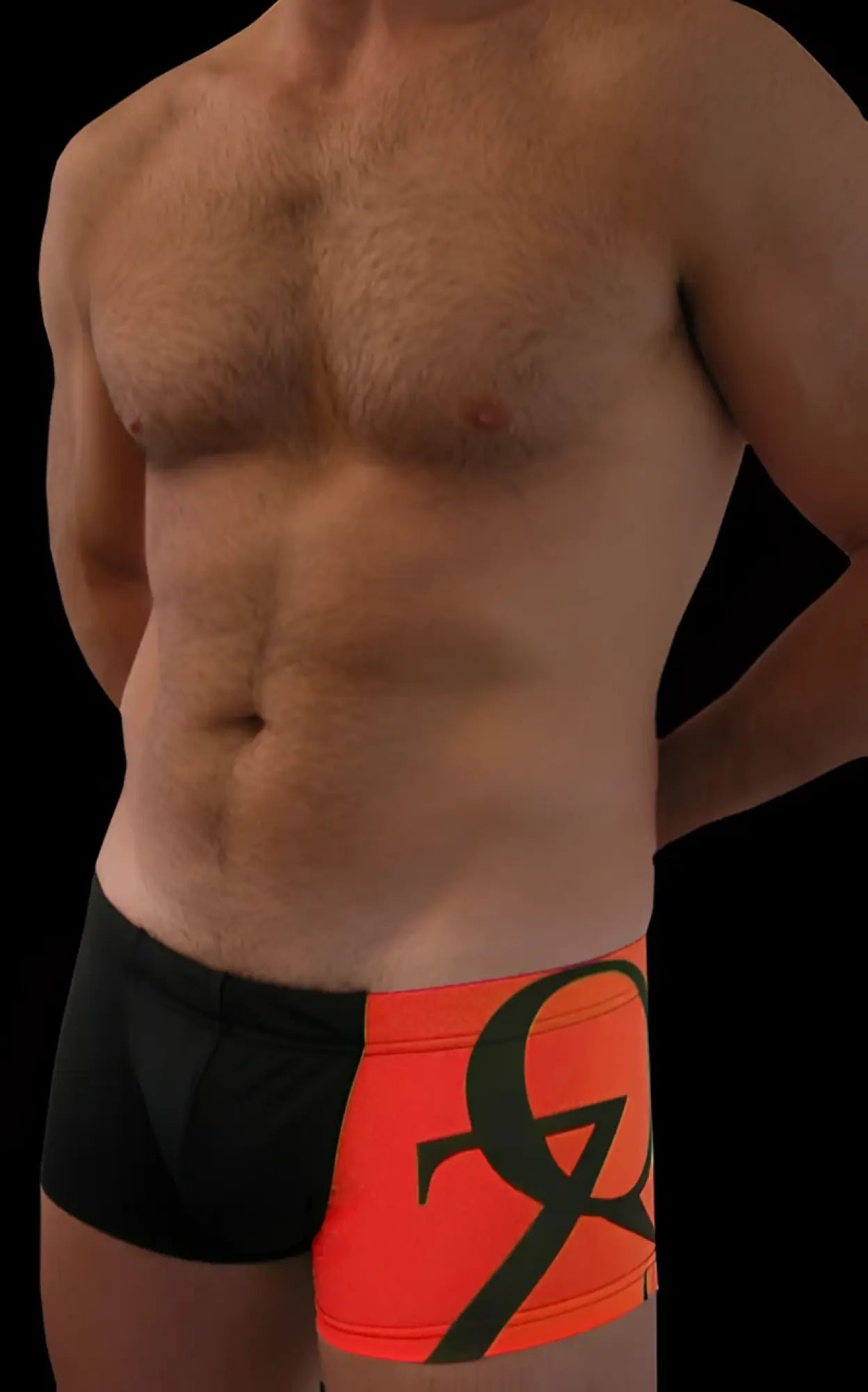 Black and neon orange qz bodywear boxer briefs with bold black logo front size m square cut trunk