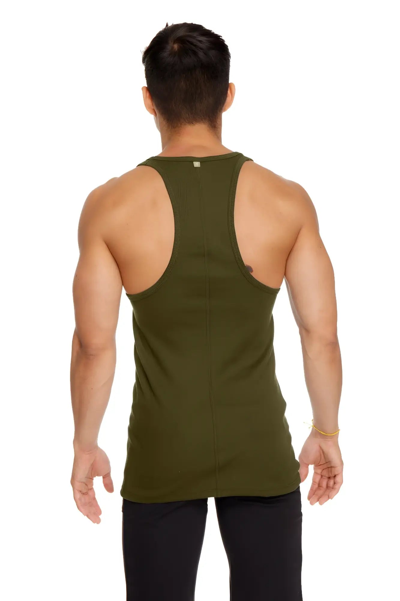 Olive green racer-back yoga tank top showing the back side designed for breathability and comfort during workouts