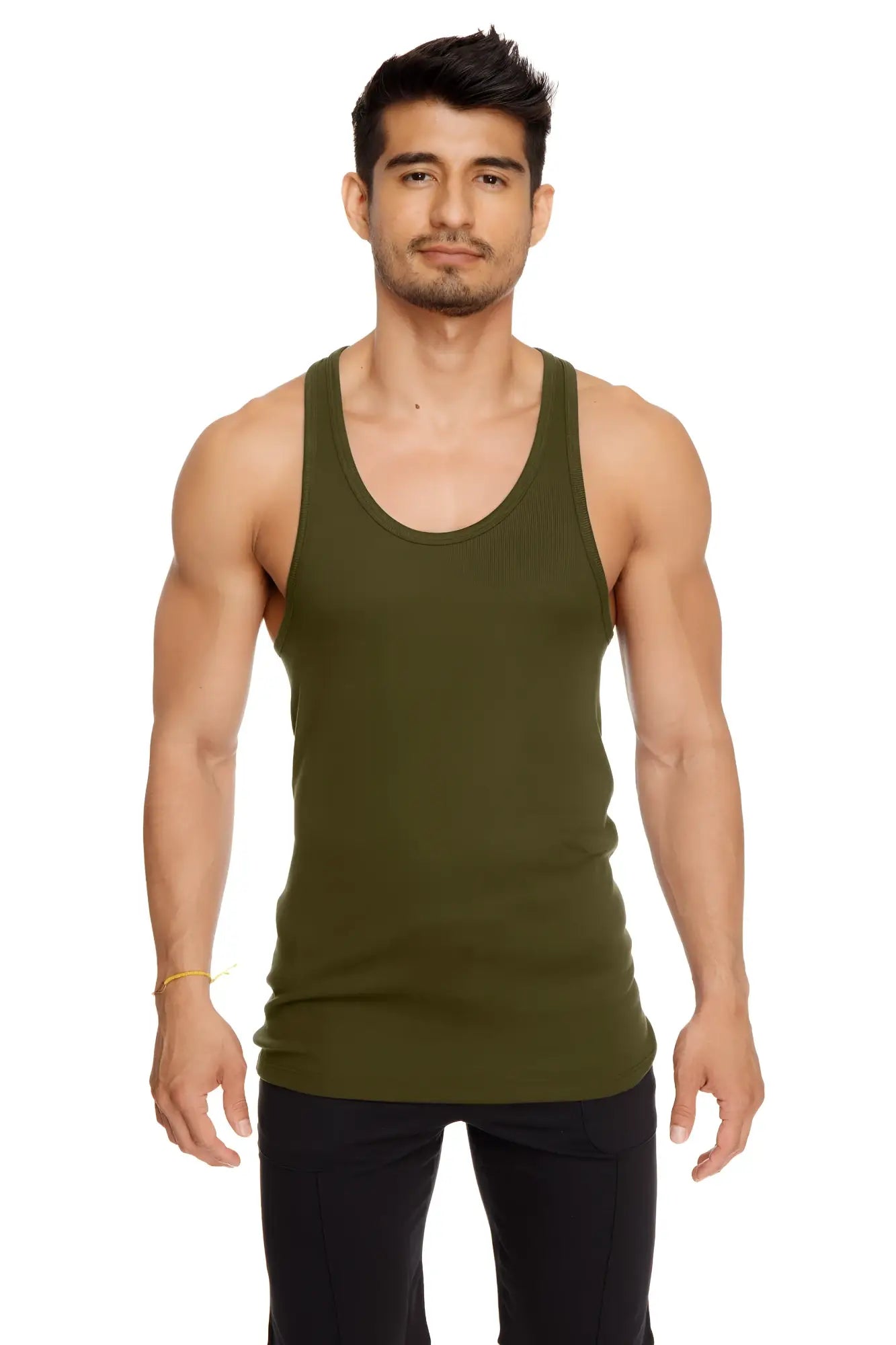 Olive green sleeveless racer-back yoga tank top with a fitted design perfect for activewear and workouts