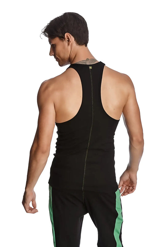 Back view of black racer-back yoga tank with central zipper designed for activewear and comfort