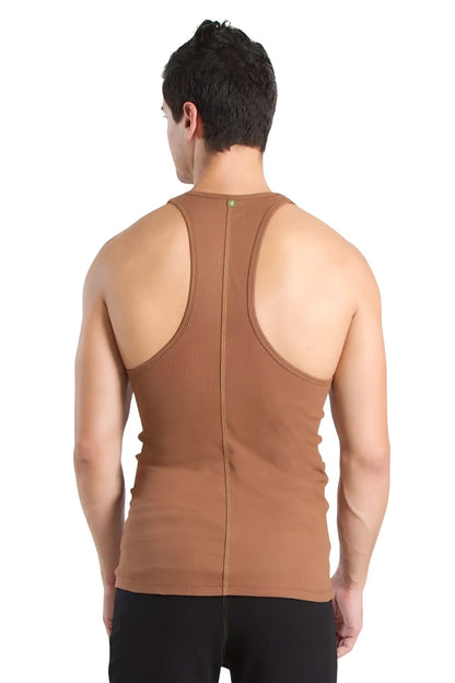 Brown racer-back yoga tank with a central back zipper designed for comfortable activewear use