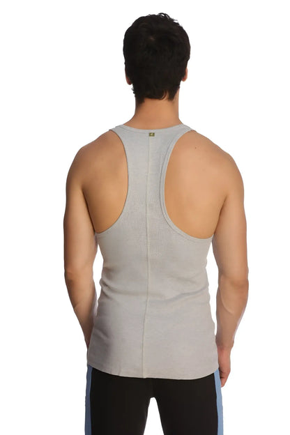 Back view of gray heathered racerback yoga tank top with central seam detail for comfortable activewear