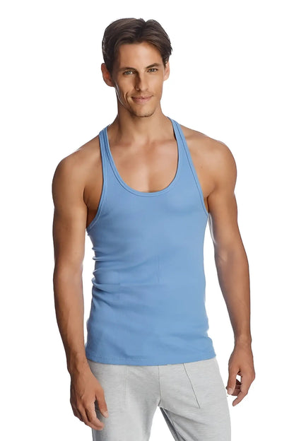 Light blue ribbed cotton racer-back yoga tank top with thin straps and a classic scoop neckline