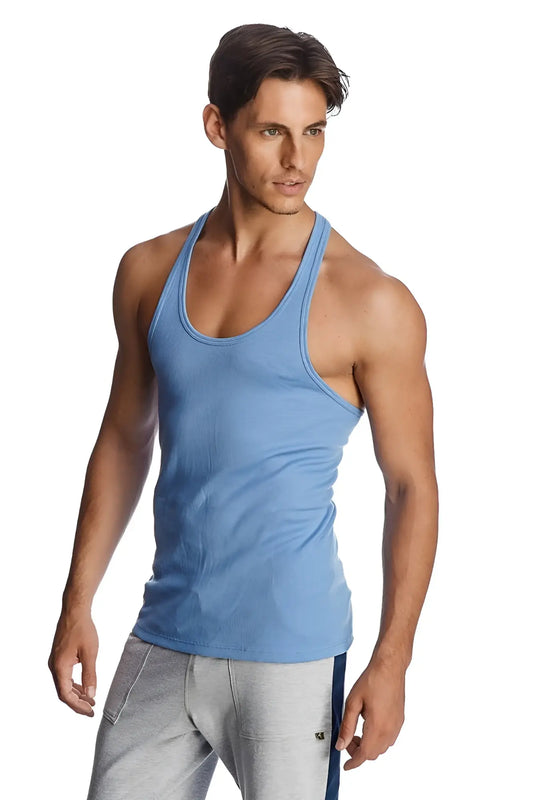 Light blue ribbed cotton racer-back yoga tank top shown from the back with a comfortable racerback design