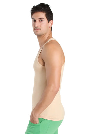 Beige sleeveless racer-back yoga tank with fitted cut and thin straps designed for comfortable workouts
